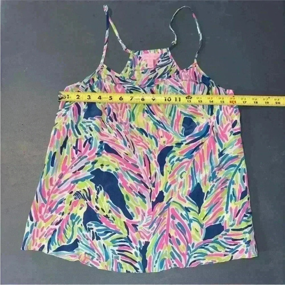 Lilly Pulitzer Silk Dusk Tank Top Indigo Palm Print Pink Blue Small - Picture 7 of 10